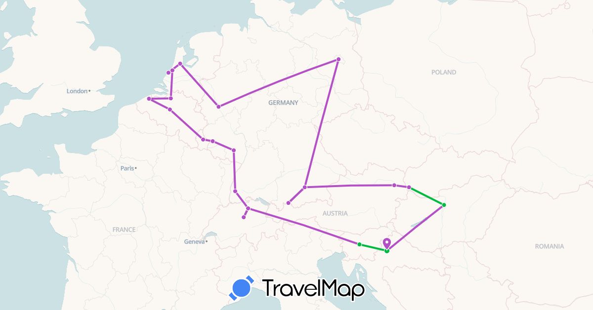 TravelMap itinerary: driving, bus, train in Austria, Belgium, Switzerland, Germany, Croatia, Hungary, Luxembourg, Netherlands, Slovenia, Slovakia (Europe)